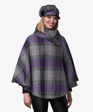Poncho i 100% irländsk ull – Grå & lila rutig