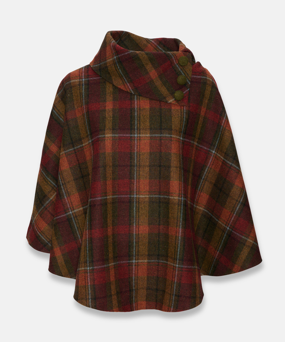 Poncho i 100% irländsk ull – Höstrutig