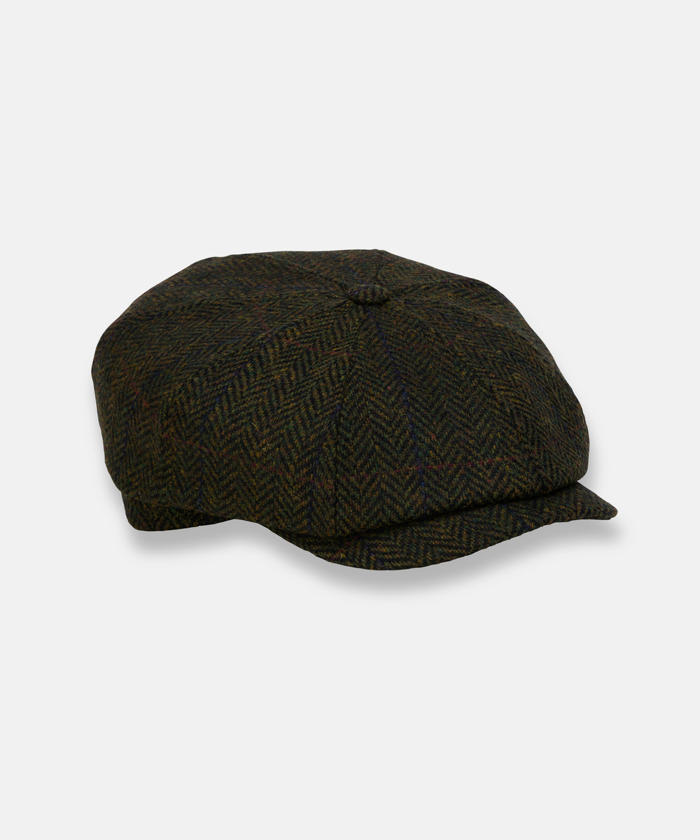 Driving Cap i 100 % Ull – Grön Fiskbensväv med Rutmönster