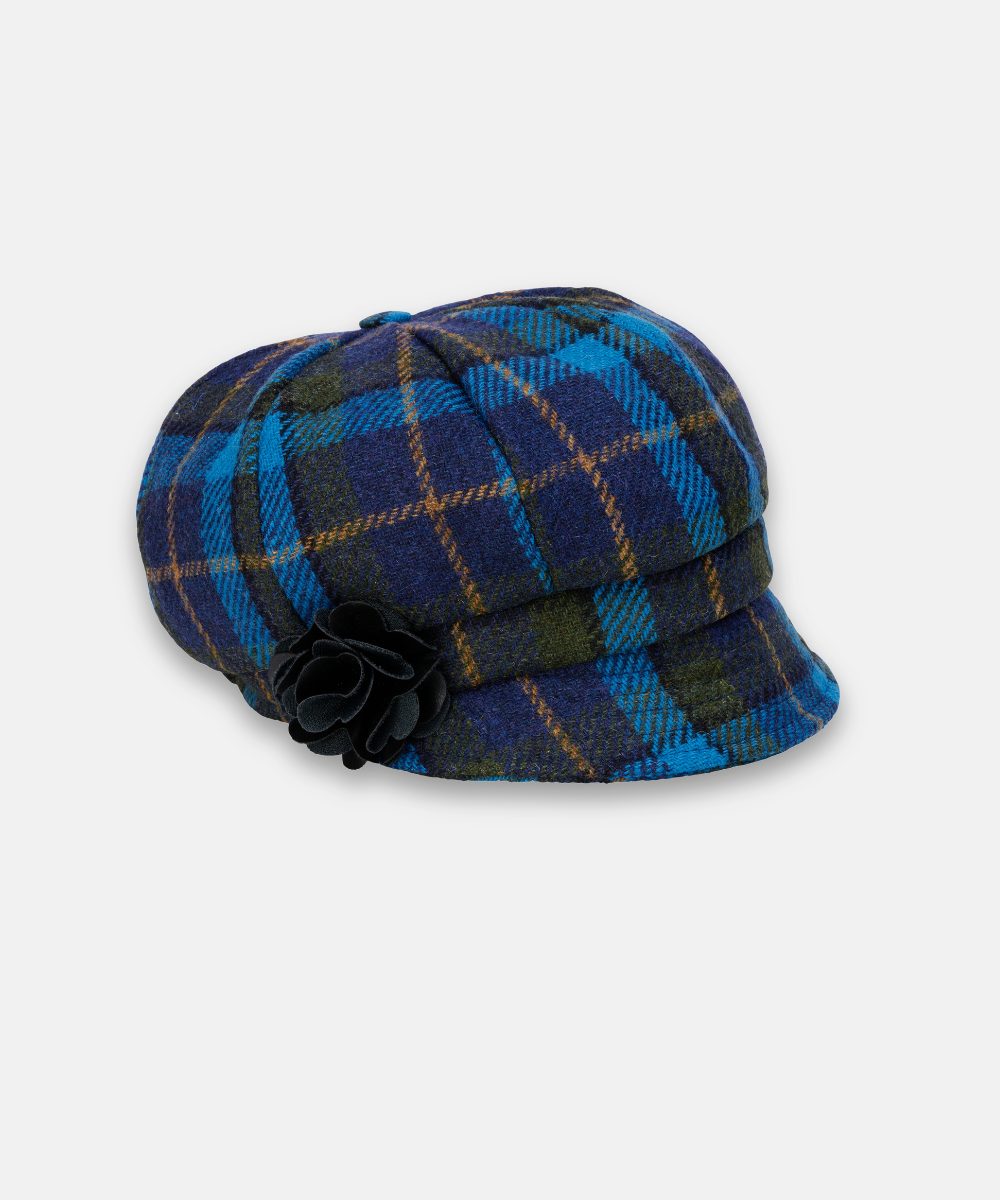 Newsboy Cap i 100% ull – Blå rutig tartan