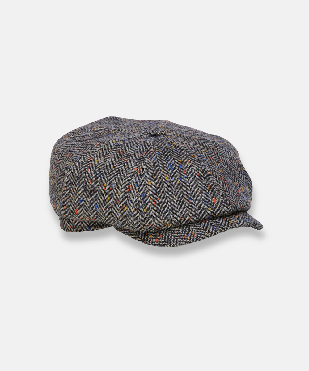 Driving Cap i 100% ull – Grå fiskbensväv med färginslag