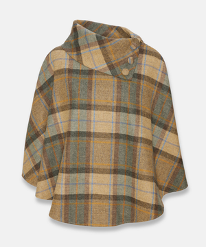 Poncho i 100% irländsk ull – Beige rutig med gröna och blå toner