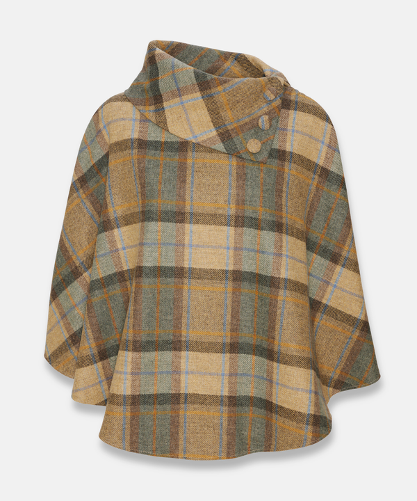 Poncho i 100% irländsk ull – Beige rutig med gröna och blå toner