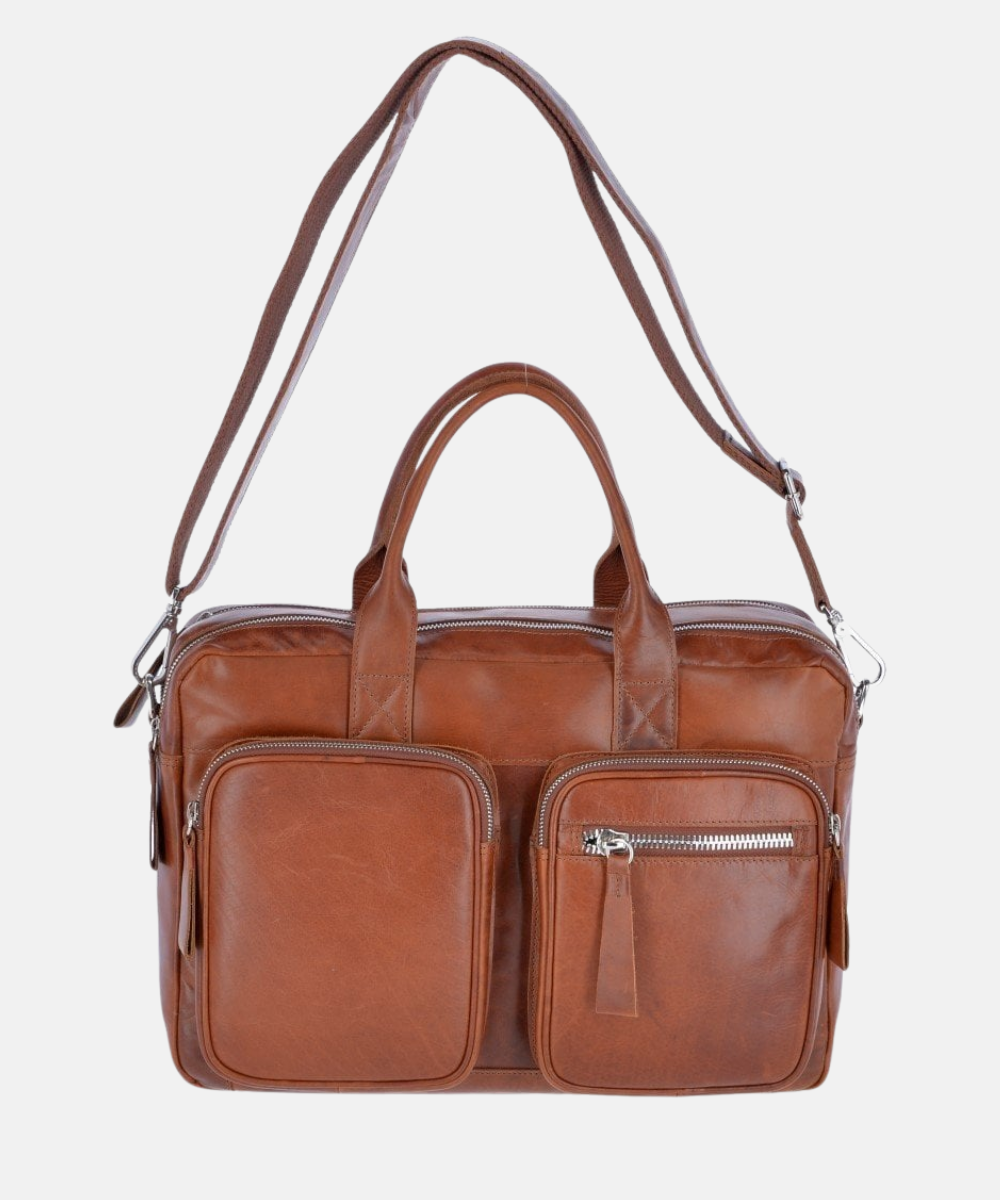 Läderportfölj med Dubbel Fack – Tan