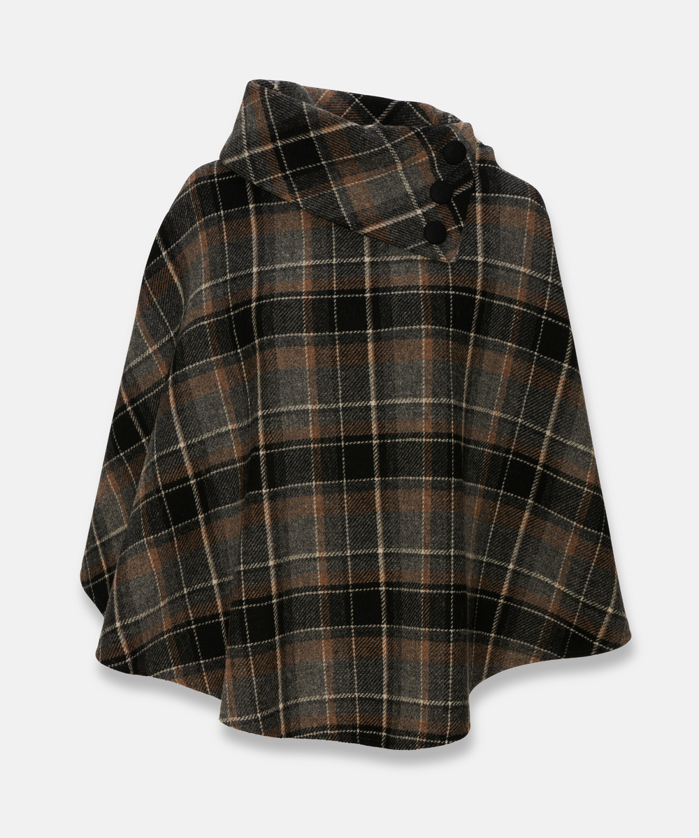 Poncho i 100% irländsk ull – Rutigt mönster i brun, grå och svart