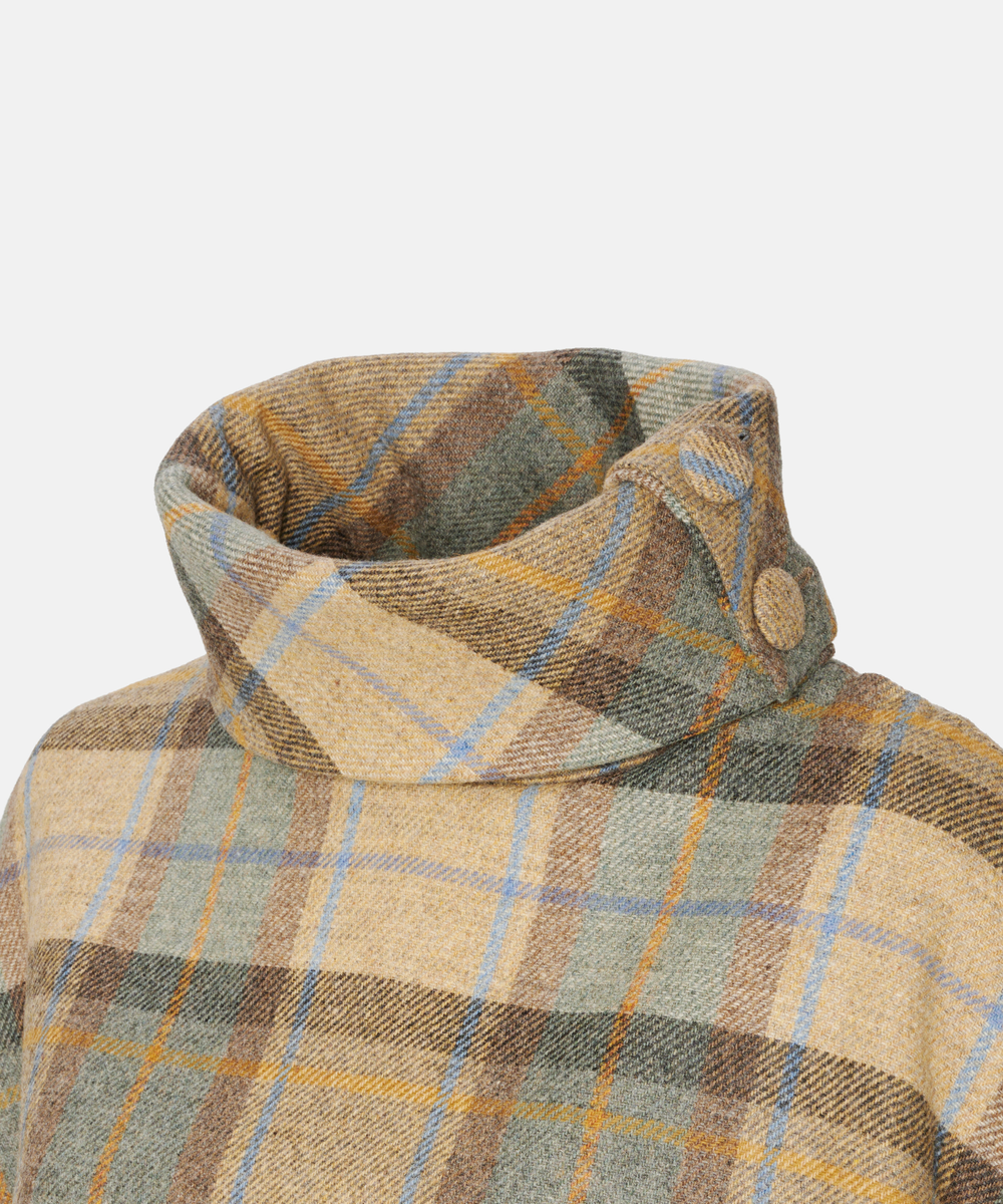 Poncho i 100% irländsk ull – Beige rutig med gröna och blå toner