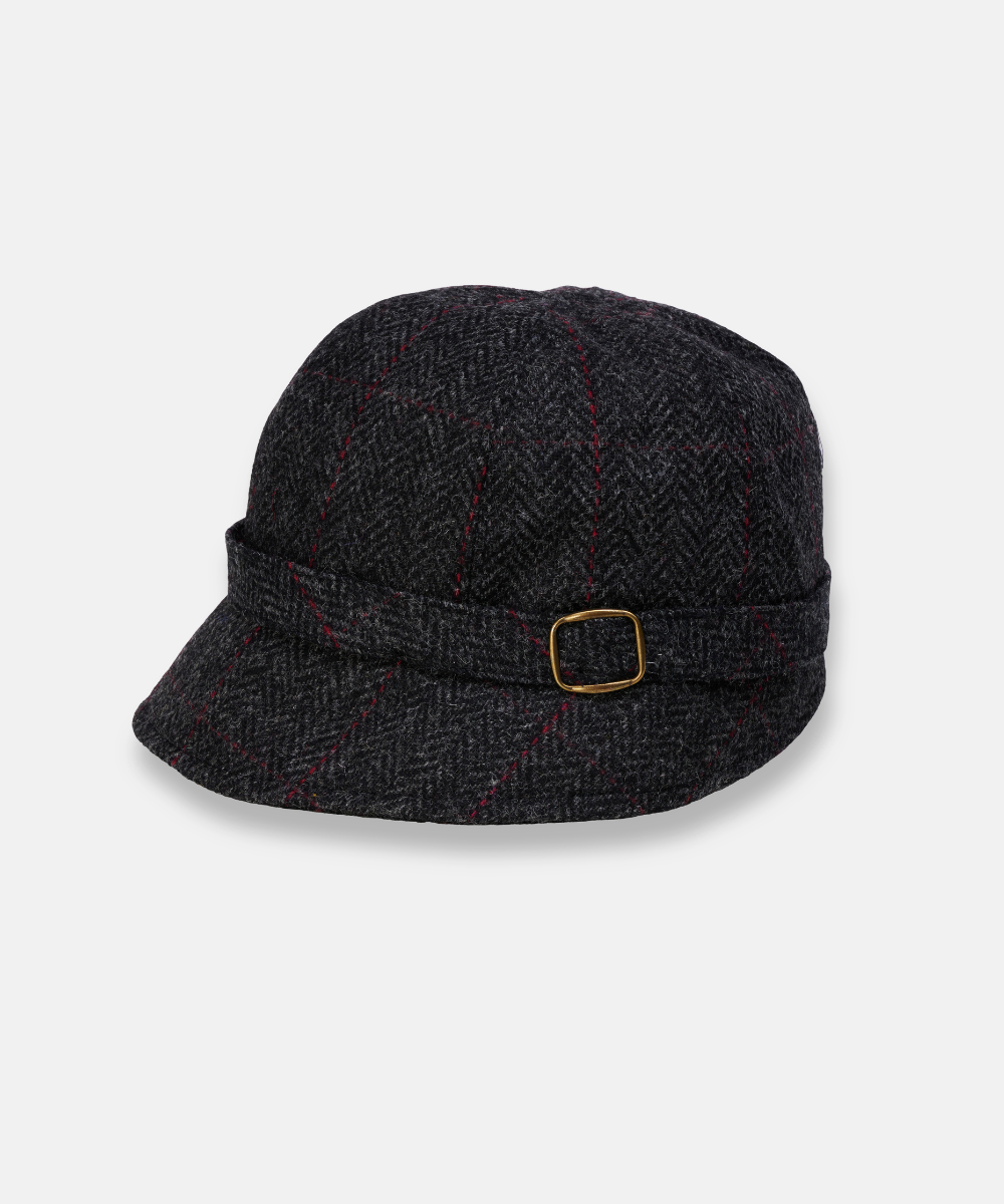 Klassisk Flapperhatt i Tweed – Grå rutig med röda inslag
