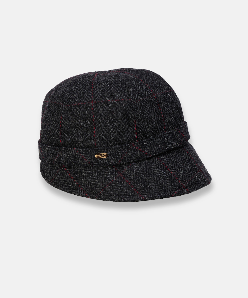 Klassisk Flapperhatt i Tweed – Grå rutig med röda inslag
