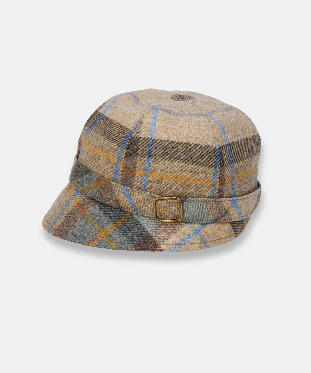 Klassisk Flapperhatt i Tweed – Beige rutig med blå detaljer