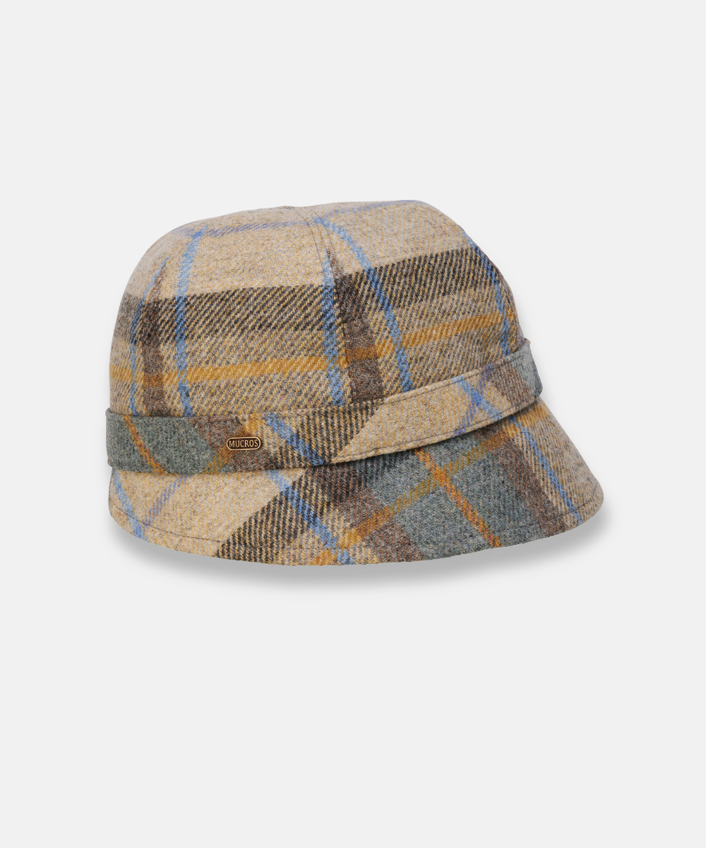 Klassisk Flapperhatt i Tweed – Beige rutig med blå detaljer