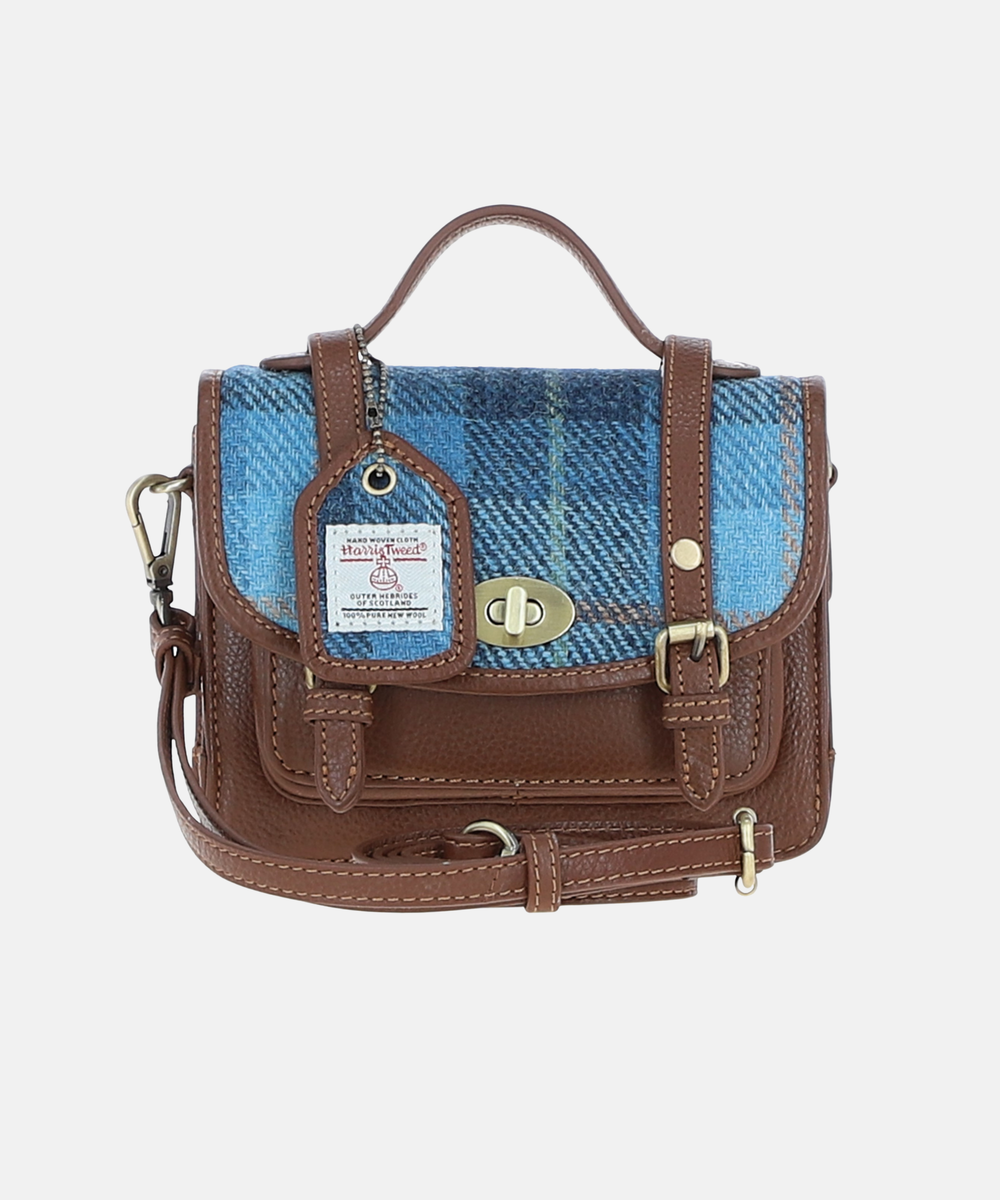 Satchel Väska i Harris Tweed – Ljusblå / Brun