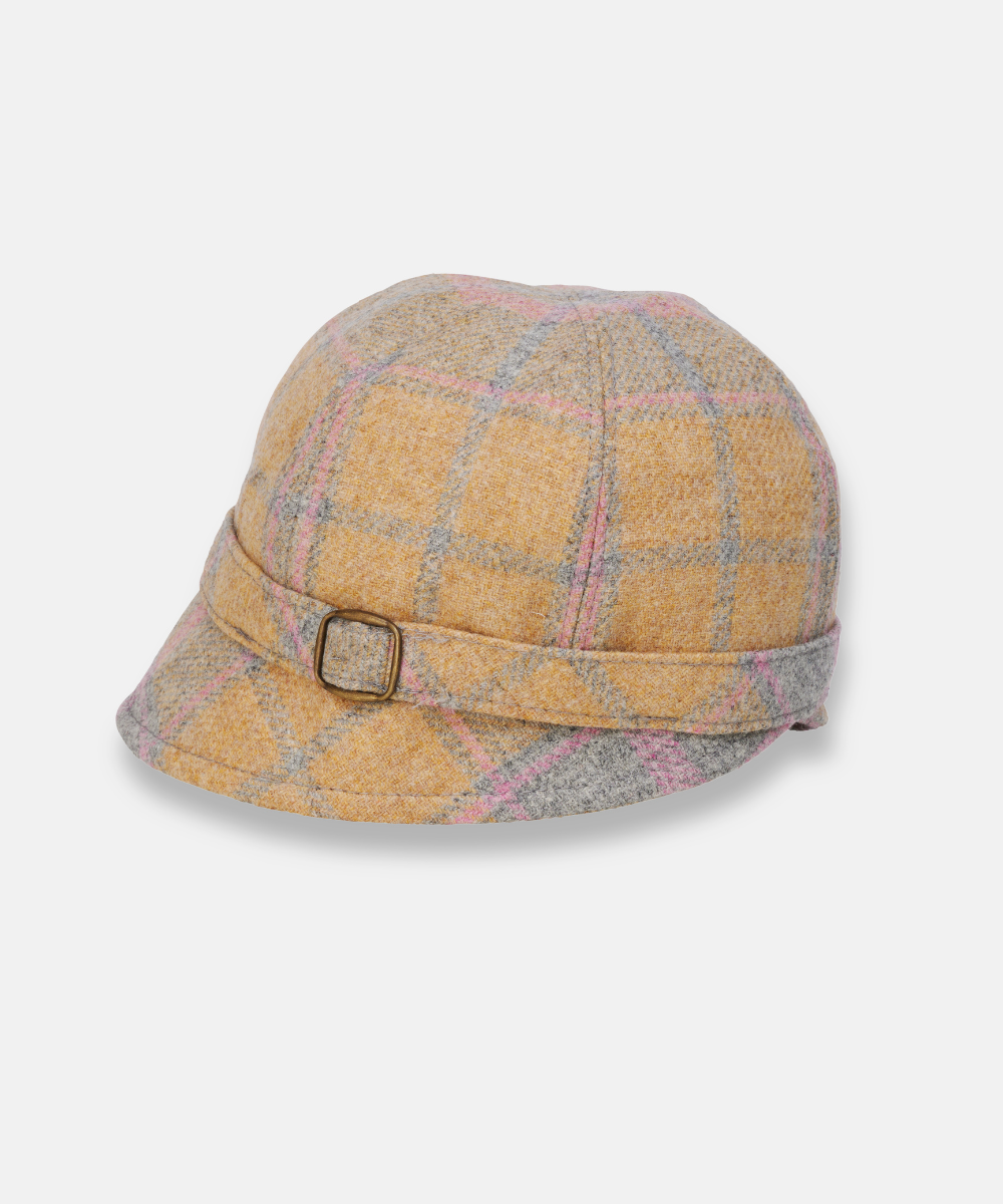 Klassisk Flapperhatt i Tweed – Senapsgul rutig med rosa detaljer