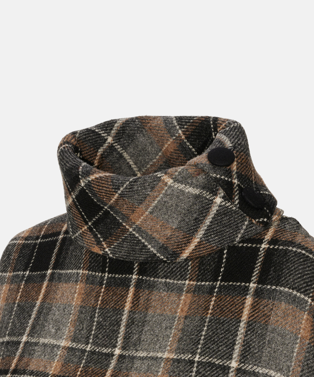 Poncho i 100% irländsk ull – Rutigt mönster i brun, grå och svart