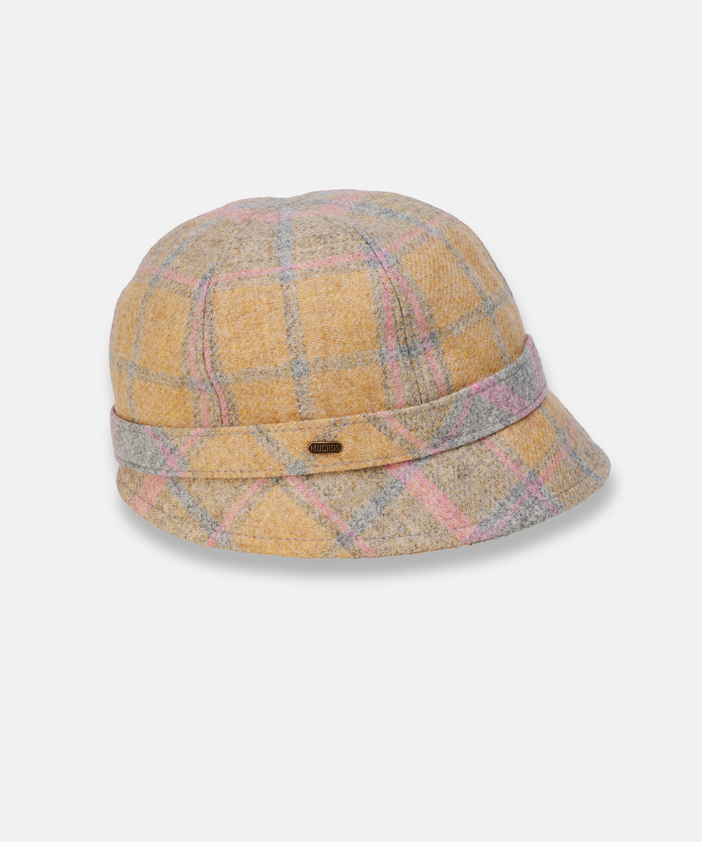 Klassisk Flapperhatt i Tweed – Senapsgul rutig med rosa detaljer