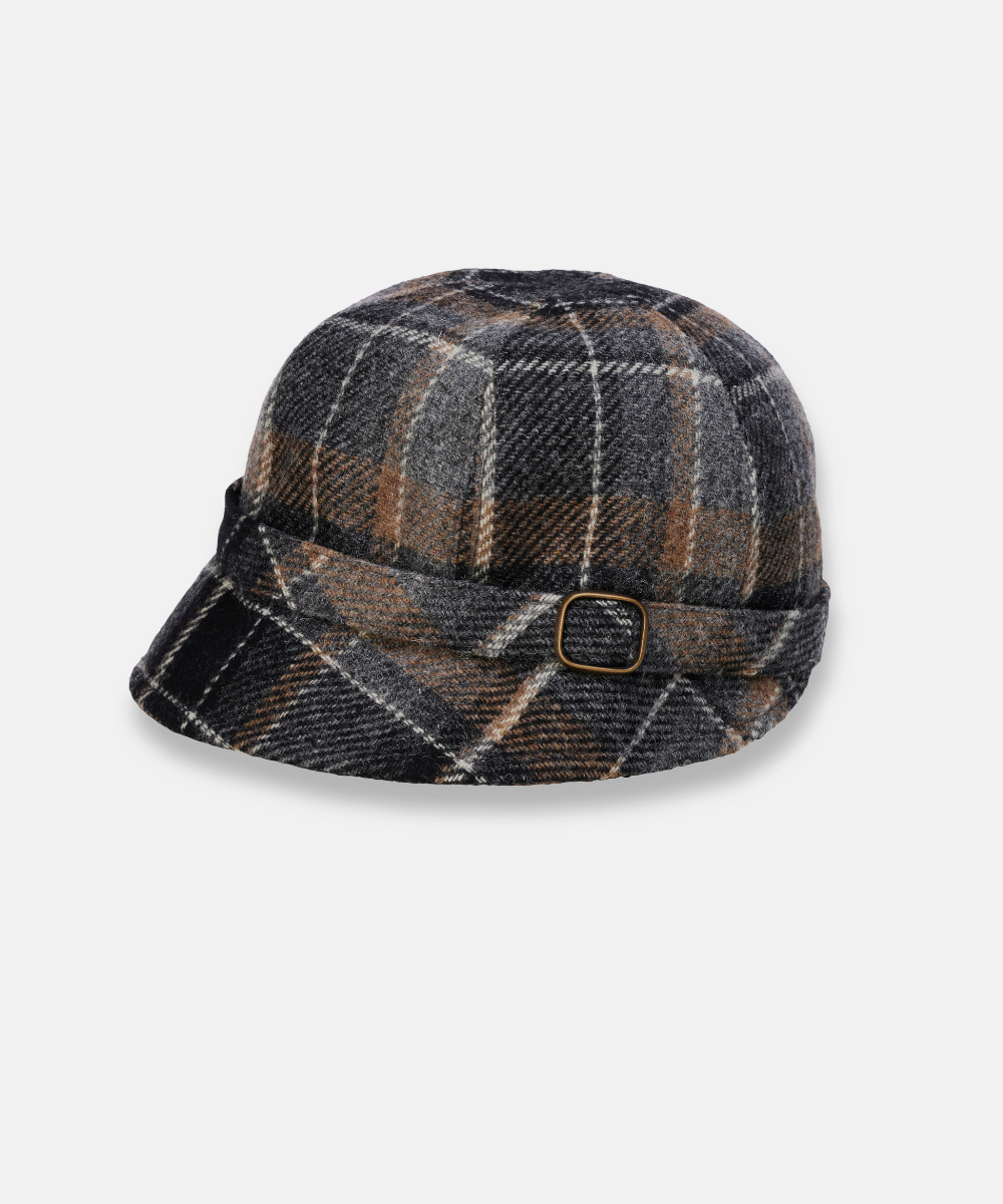 Klassisk Flapperhatt i Tweed – Mörkgrå rutig med bruna detaljer
