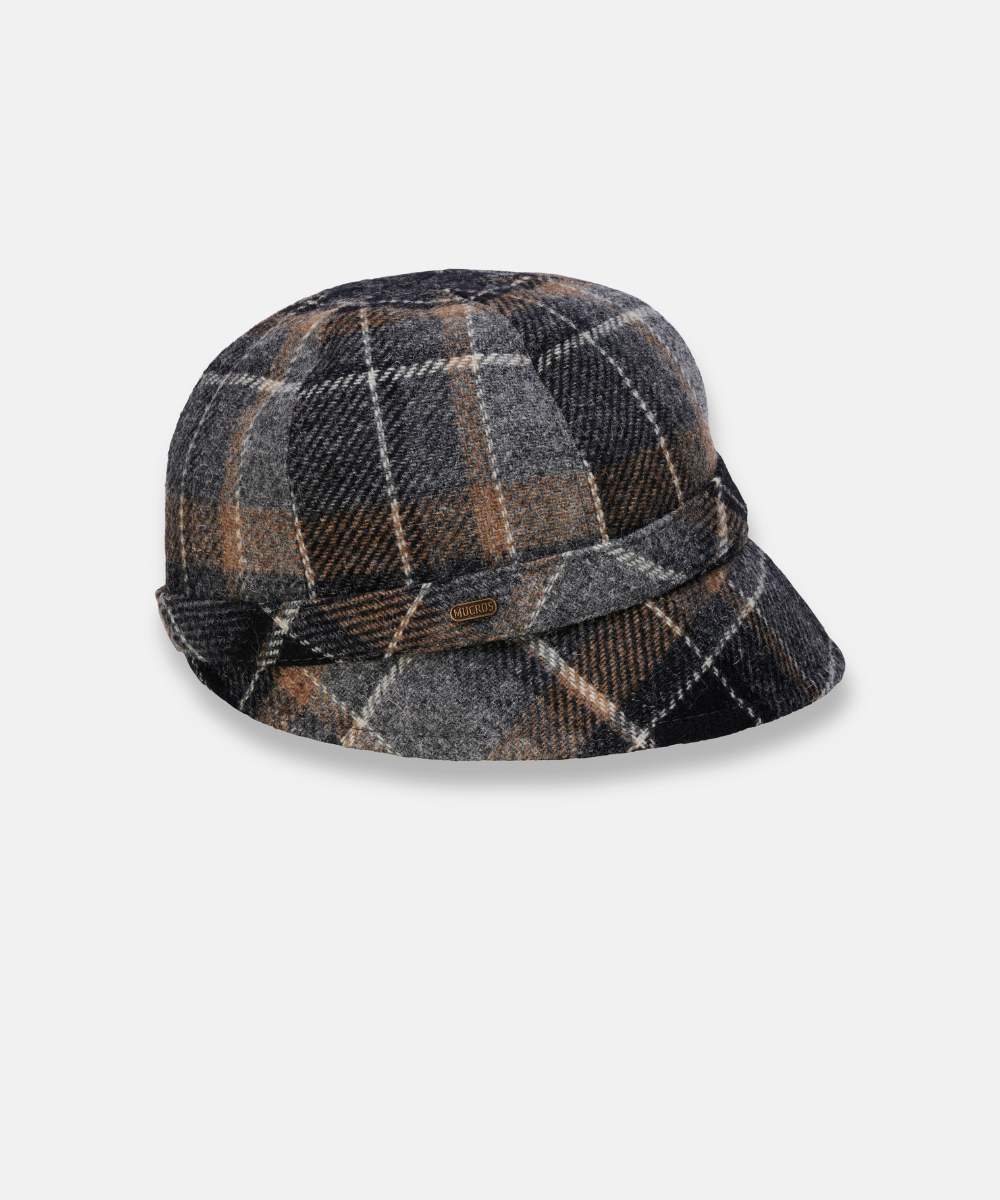 Klassisk Flapperhatt i Tweed – Mörkgrå rutig med bruna detaljer