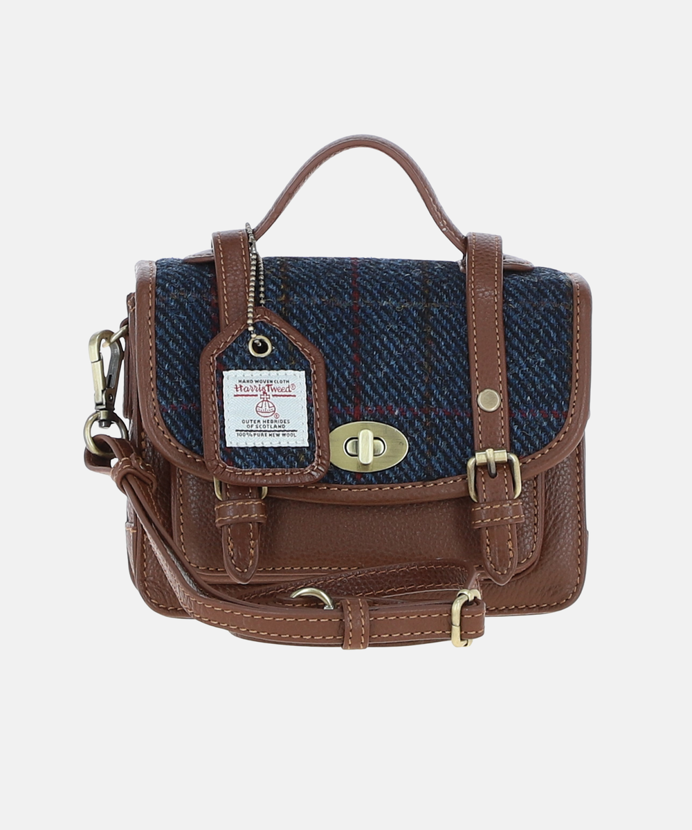 Satchel Väska i Harris Tweed – blå/brun med röd ruta