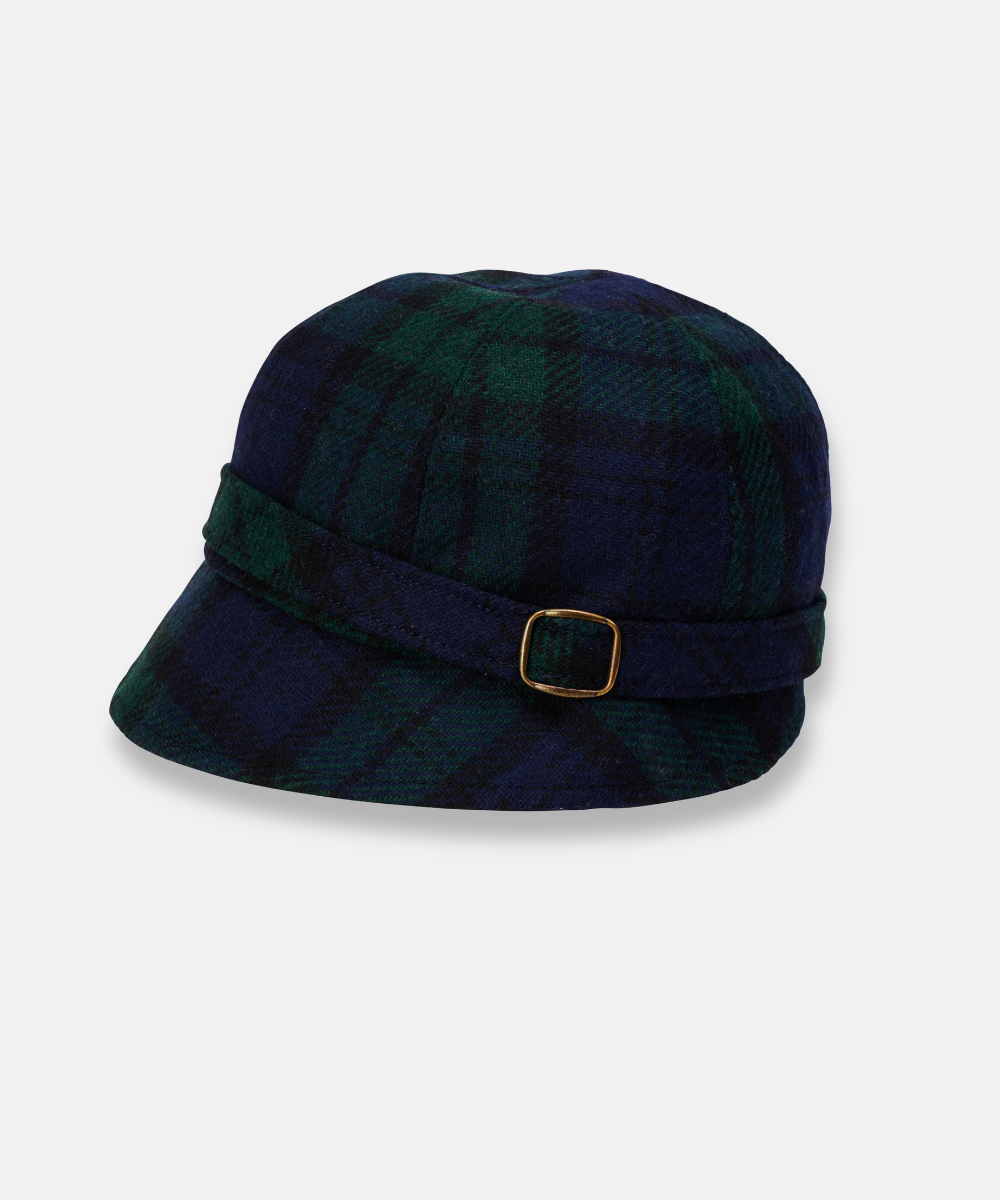 Klassisk Flapperhatt i Tweed – Mörkblå/grön tartan