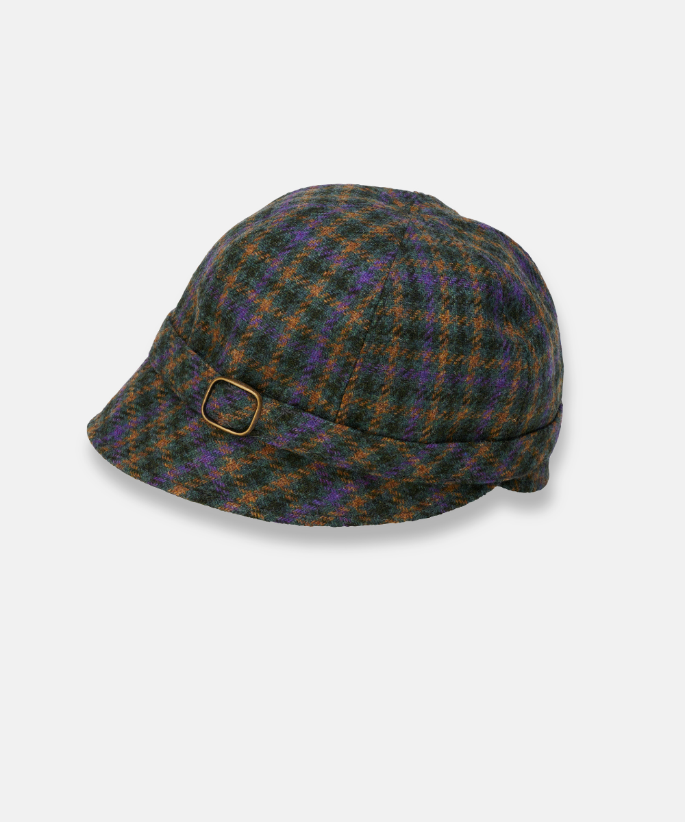 Klassisk Flapperhatt i Tweed – Grön rutig med lila och bruna detaljer