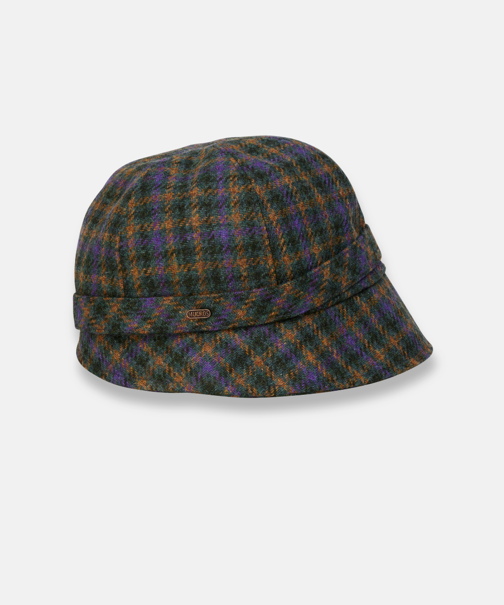 Klassisk Flapperhatt i Tweed – Grön rutig med lila och bruna detaljer