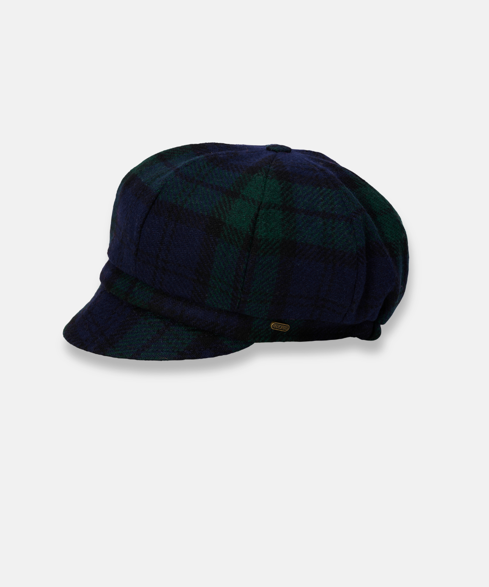 Newsboy Cap i 100% ull – Mörkblå tartan med blomdetalj