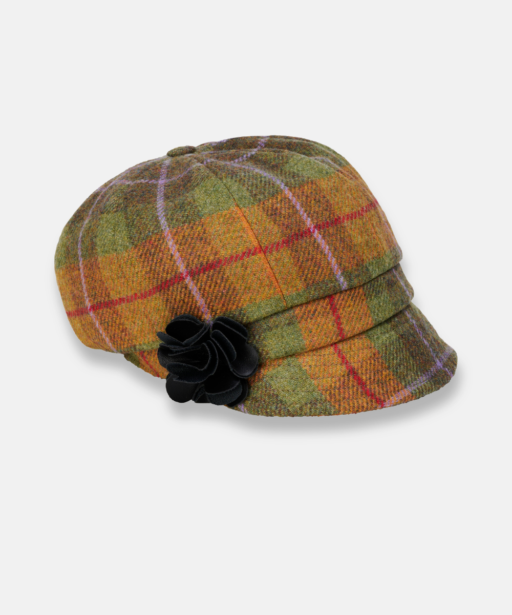 Newsboy Cap i 100% ull – Grön och orange rutig