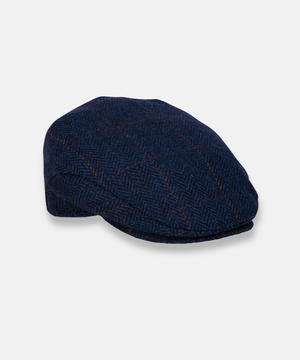 Trinity Tweedkeps i 100 % Ull – Klassisk Flat Cap i Blå Fiskbensväv