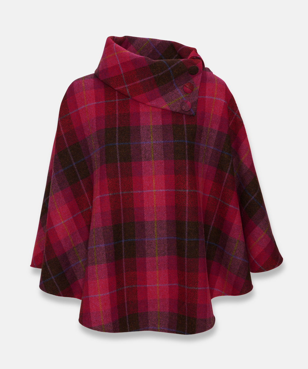 Poncho i 100% irländsk ull – Rosa/röd/brun