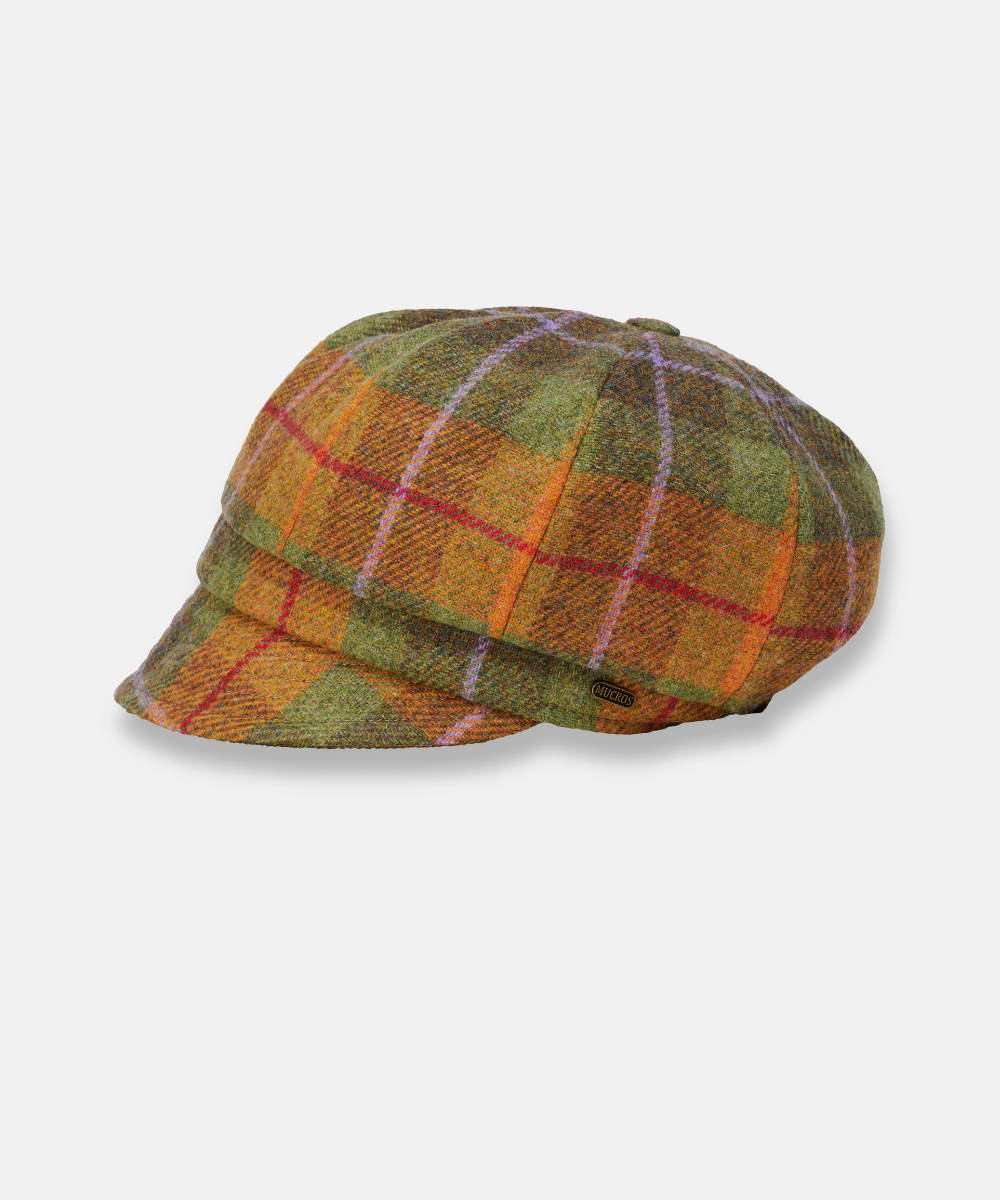 Newsboy Cap i 100% ull – Grön och orange rutig