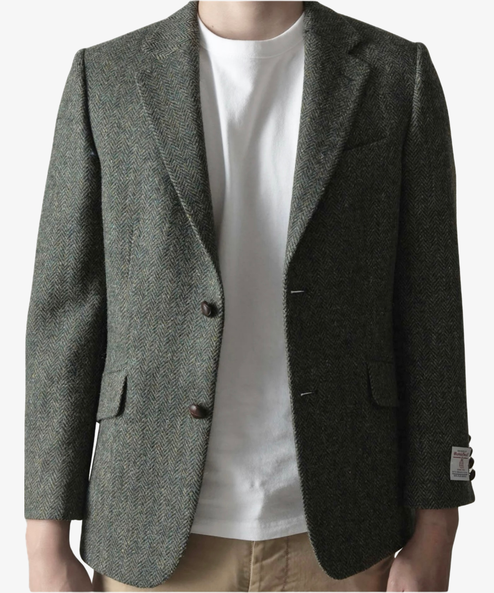 Harris Tweed Finlay Jacka för Herr i Mörkgrönt Fiskbensmönster