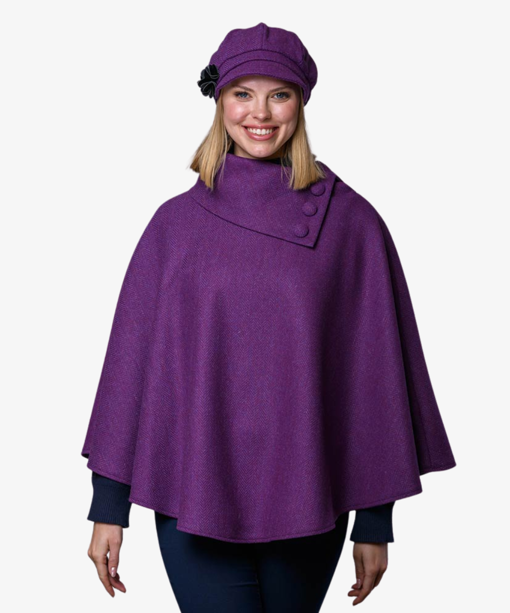 Poncho i 100% irländsk ull – Mörklila