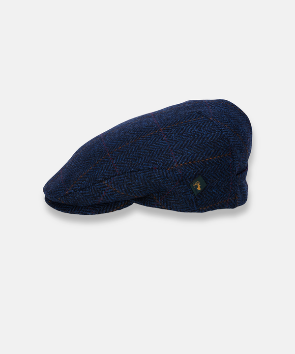 Trinity Tweedkeps i 100 % Ull – Klassisk Flat Cap i Blå Fiskbensväv