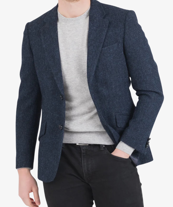 Harris Tweed Patrick jacka för herr – Mörkblått fiskbensmönster