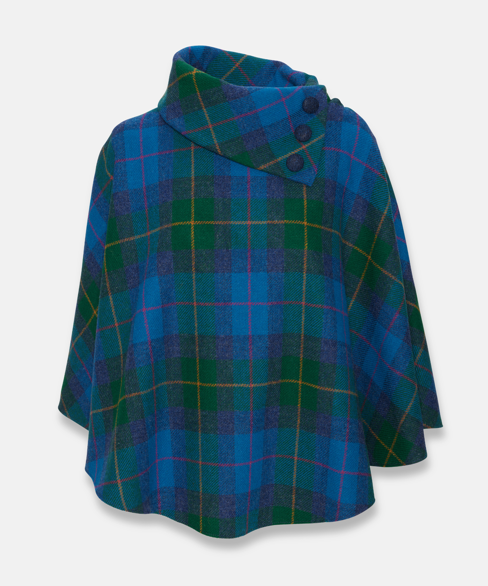 Poncho i 100% irländsk ull – Blå & grön tartan