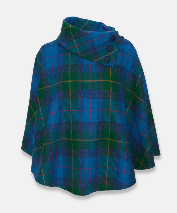 Poncho i 100% irländsk ull – Blå & grön tartan
