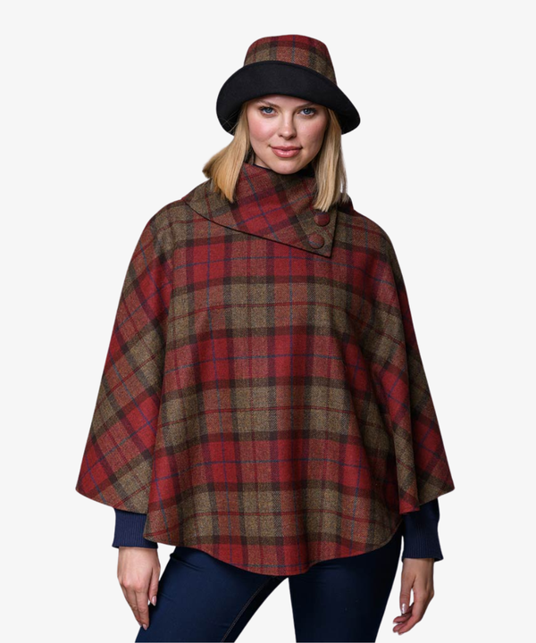 Poncho i 100% irländsk ull – Röd/brun