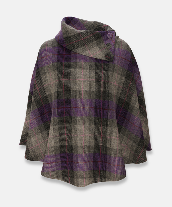 Poncho i 100% irländsk ull – Grå & lila rutig