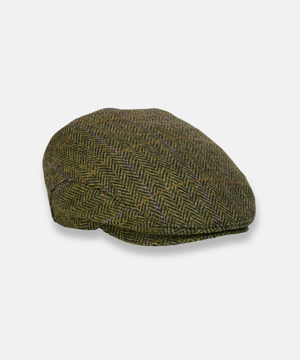 Trinity Tweedkeps i 100 % Ull – Klassisk Flat Cap i Grön Fiskbensväv med Rutmönster