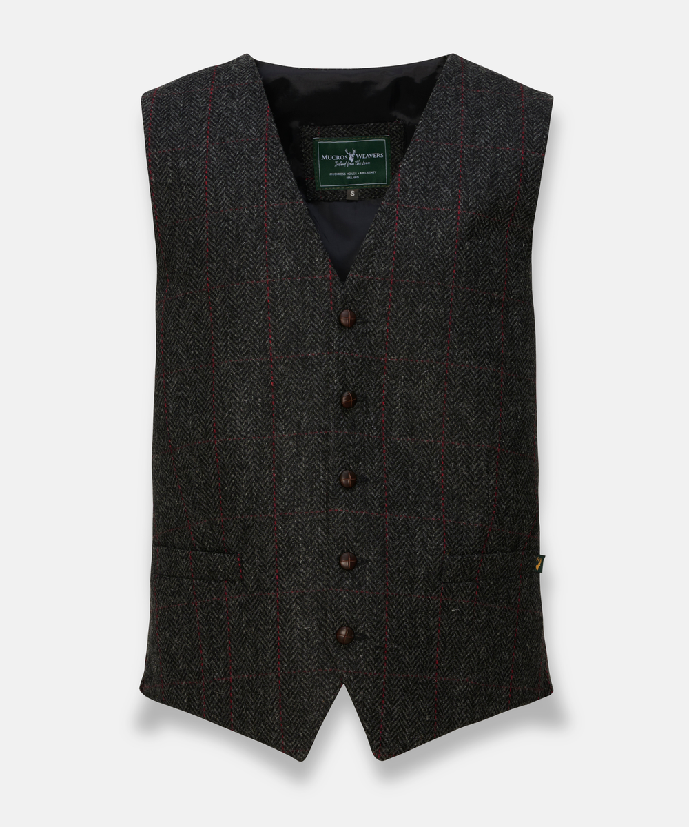 Tweedväst i äkta irländsk ull – Grå med röd ruta