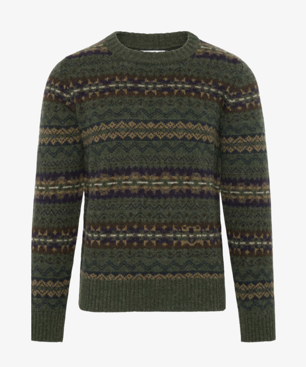 Brodie Rib Fair Isle-tröja i Shetlandsull – Woodland