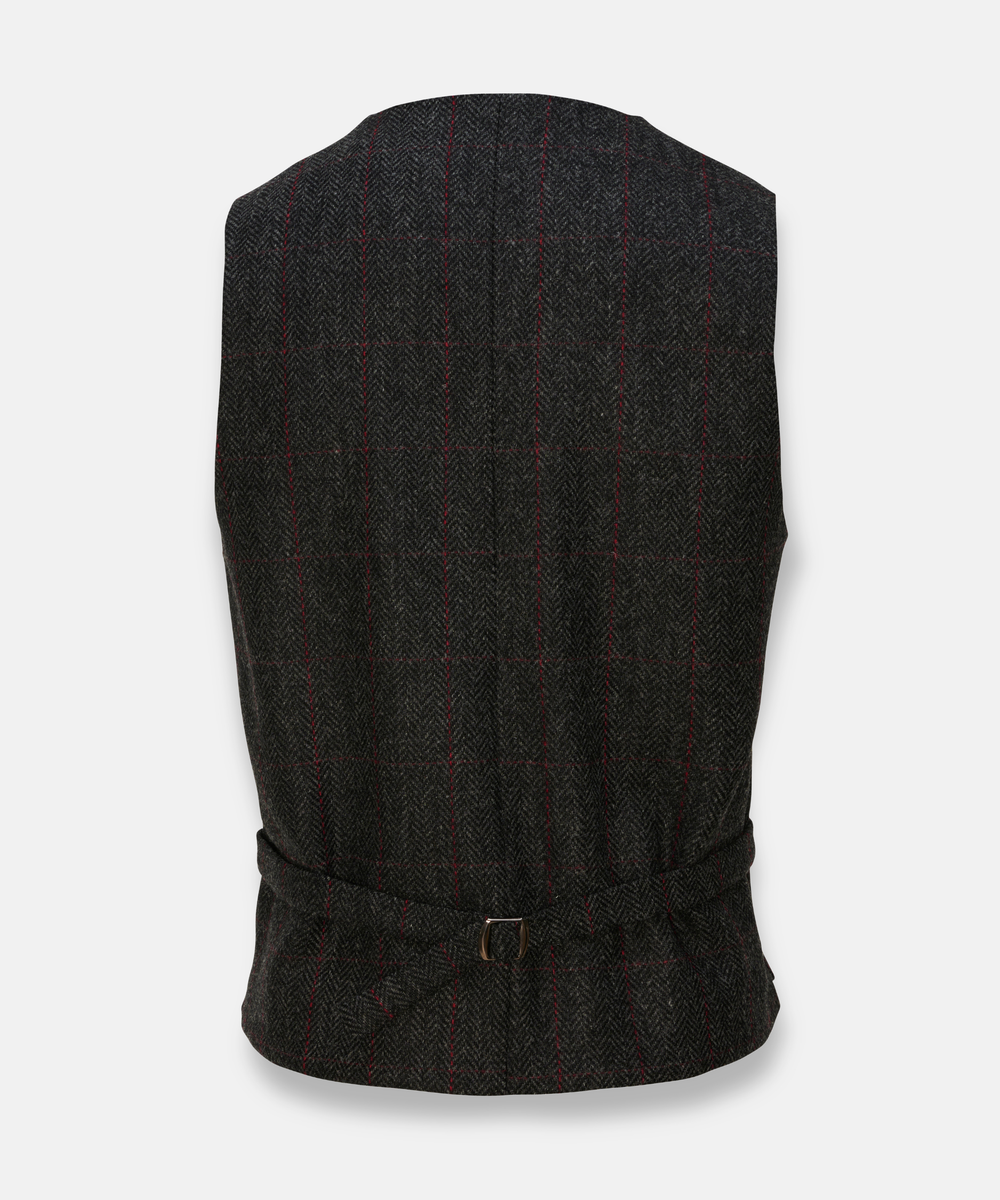 Tweedväst i äkta irländsk ull – Grå med röd ruta
