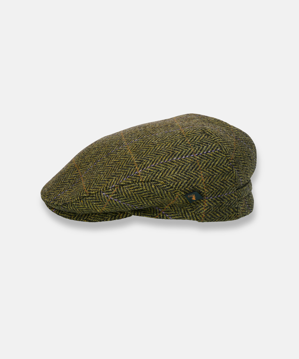 Trinity Tweedkeps i 100 % Ull – Klassisk Flat Cap i Grön Fiskbensväv med Rutmönster