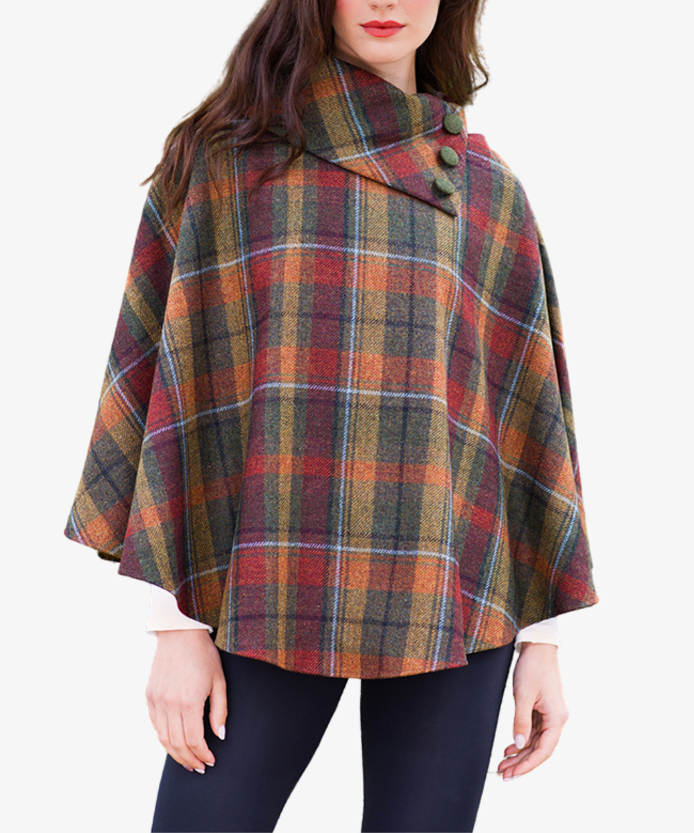 Poncho i 100% irländsk ull – Höstrutig