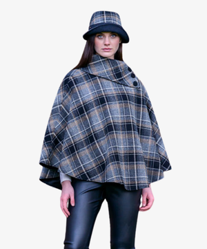 Poncho i 100% irländsk ull – Beige & marin rutig