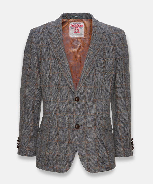 Harris Tweed Patrick jacka för herr – Grå med rostfärgat rutmönster