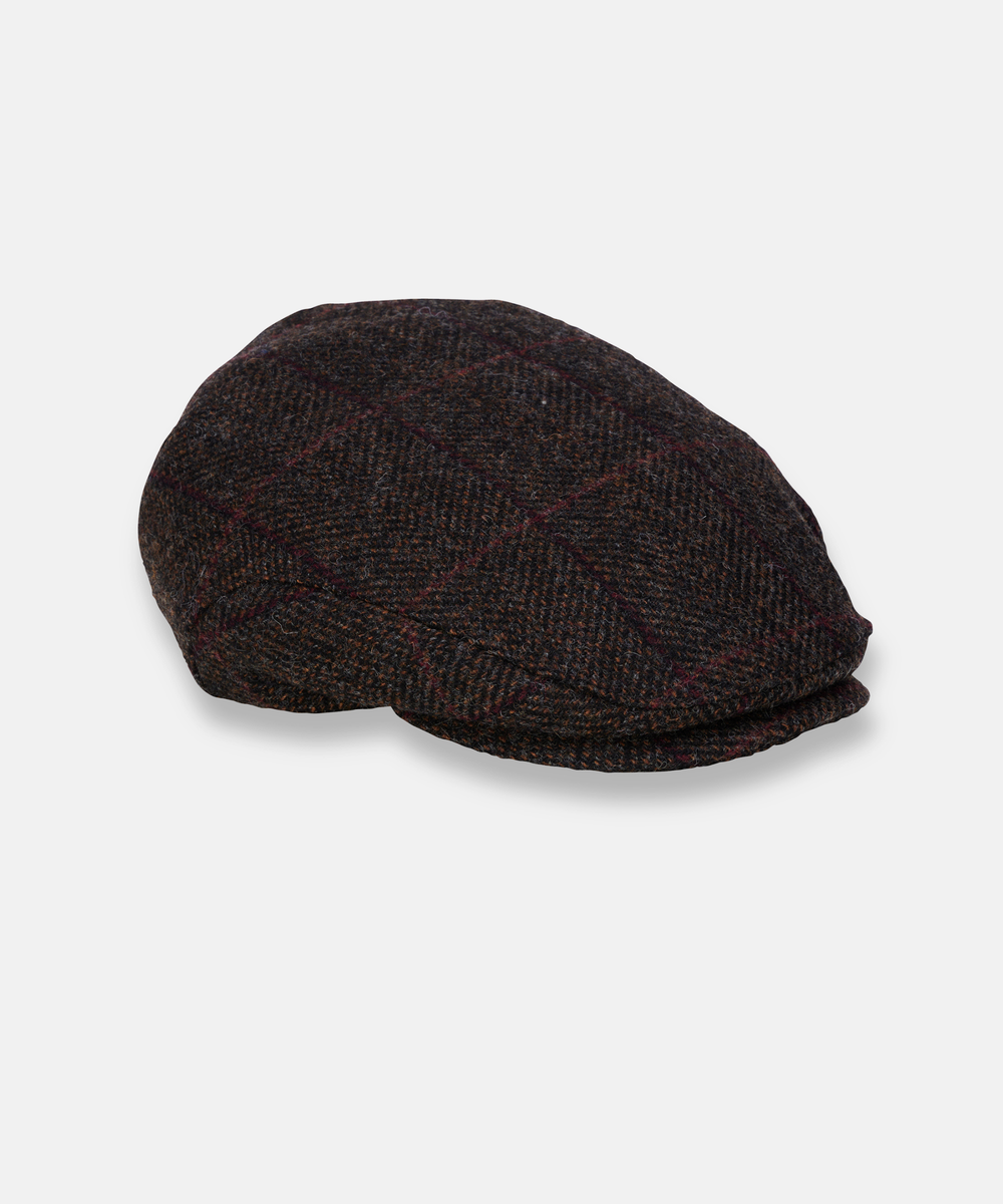 Trinity Tweedkeps i 100 % Ull – Klassisk Flat Cap i Brun Tweed med Rutmönster
