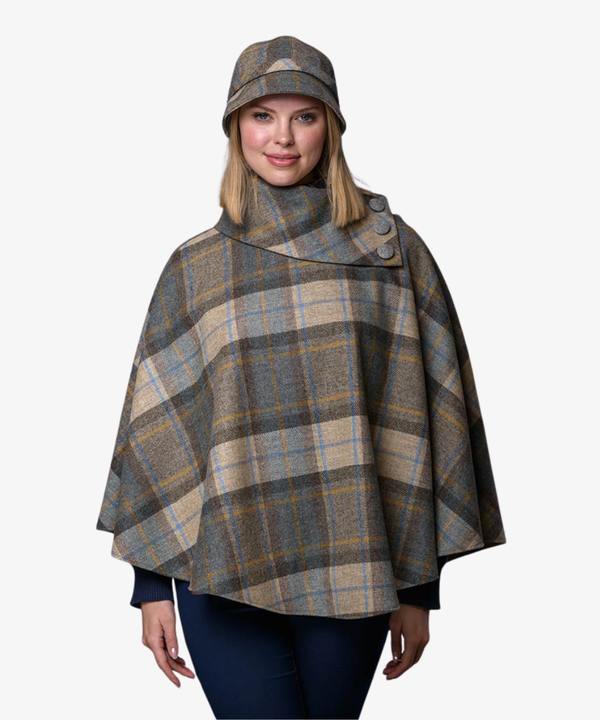 Poncho i 100% irländsk ull – Beige rutig med gröna och blå toner