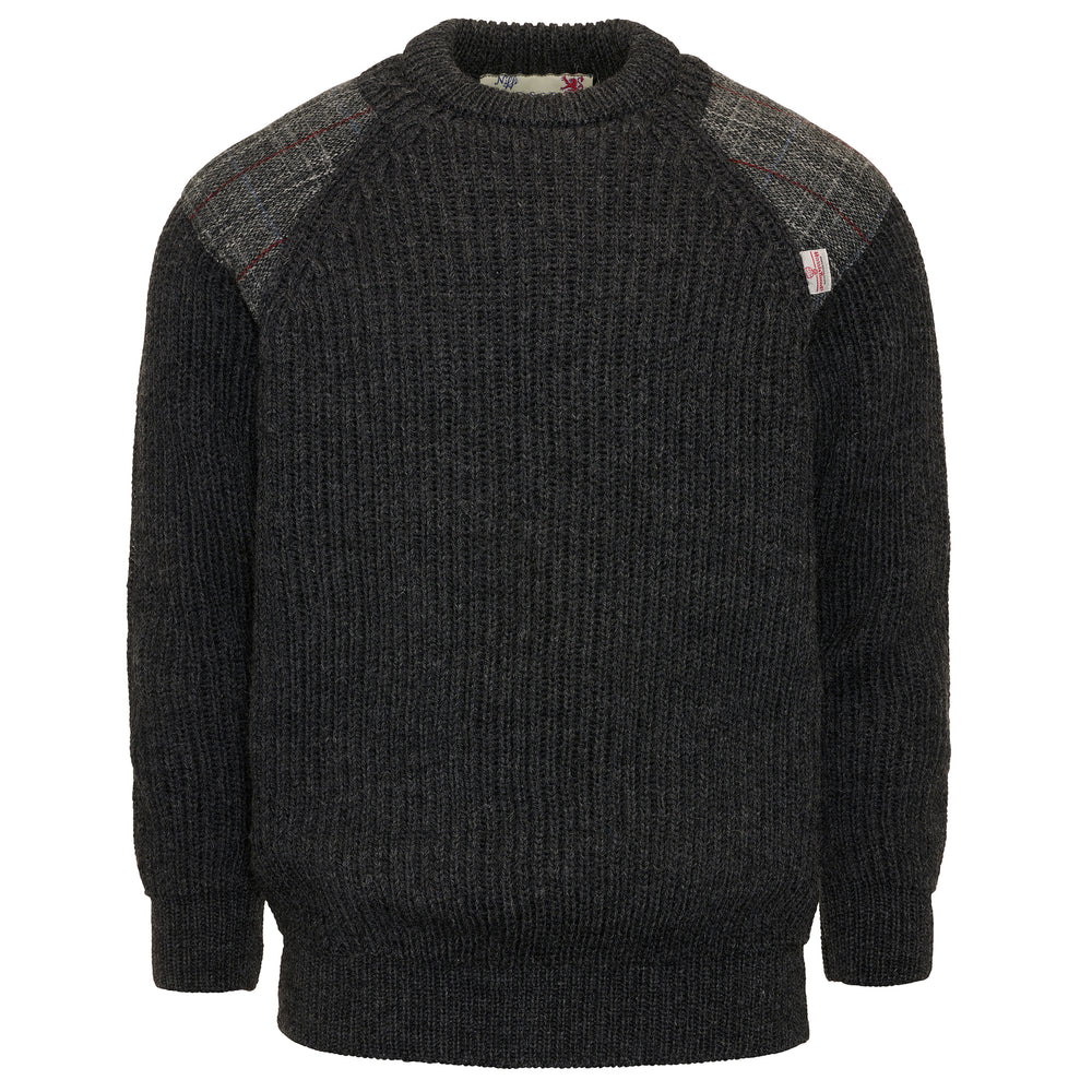 Chunky Crew Neck Wool Sweater with Harris Tweed patches