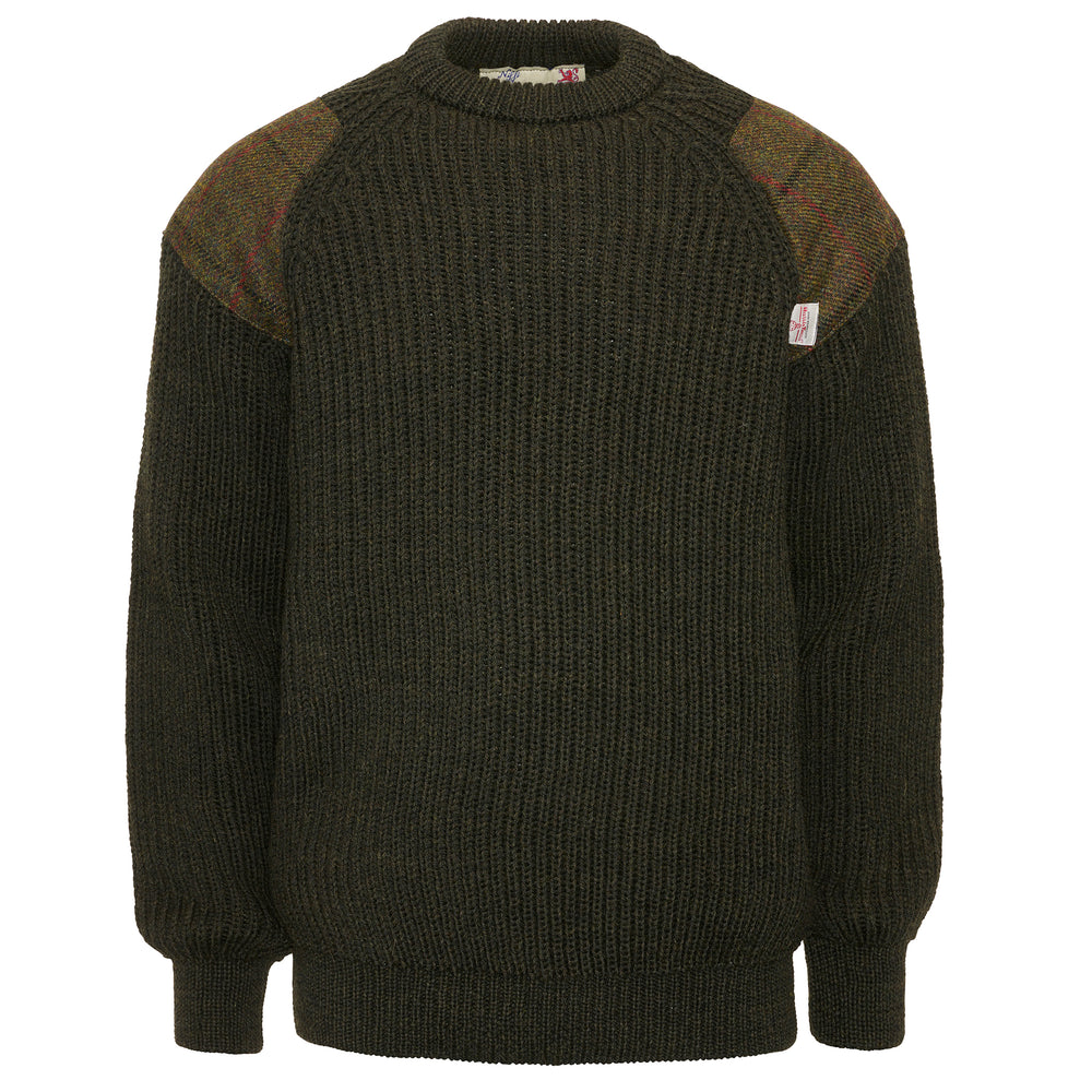 Chunky Crew Neck Wool Sweater with Harris Tweed patches