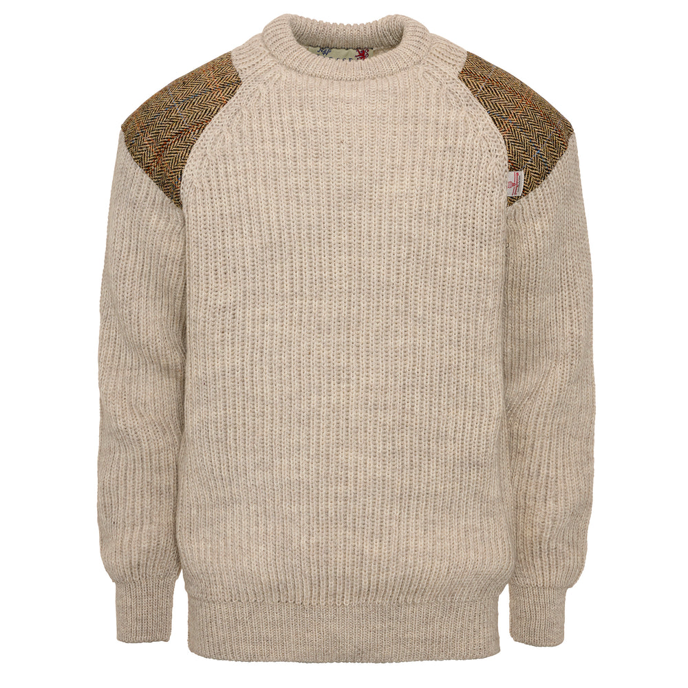 Chunky Crew Neck Wool Sweater with Harris Tweed patches